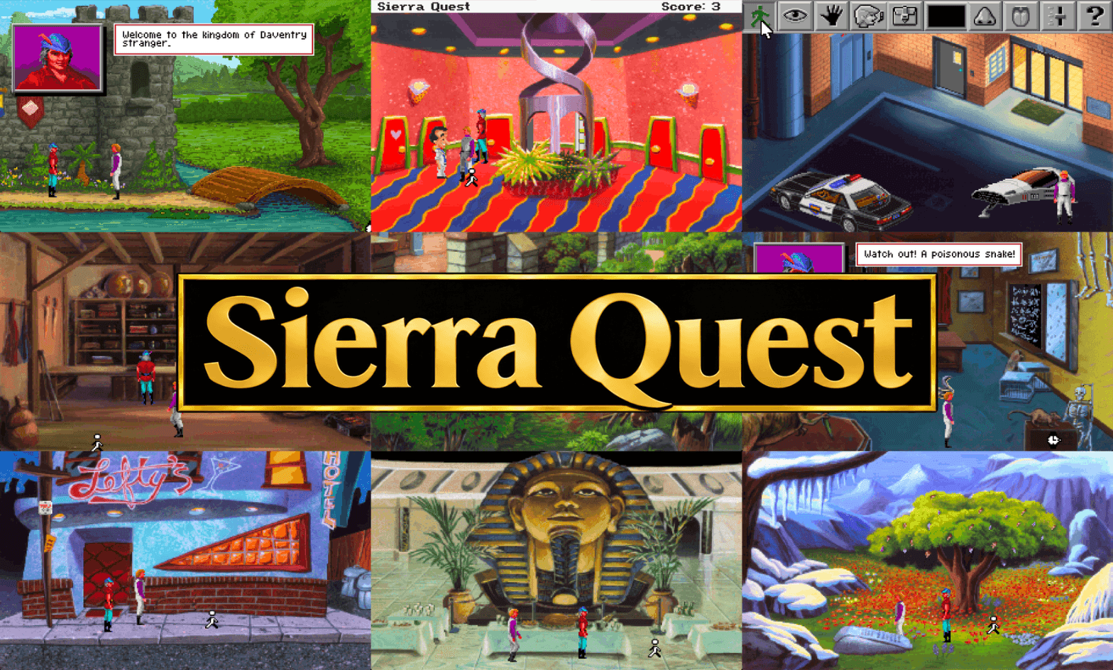 A montage of scenes from Sierra Quest